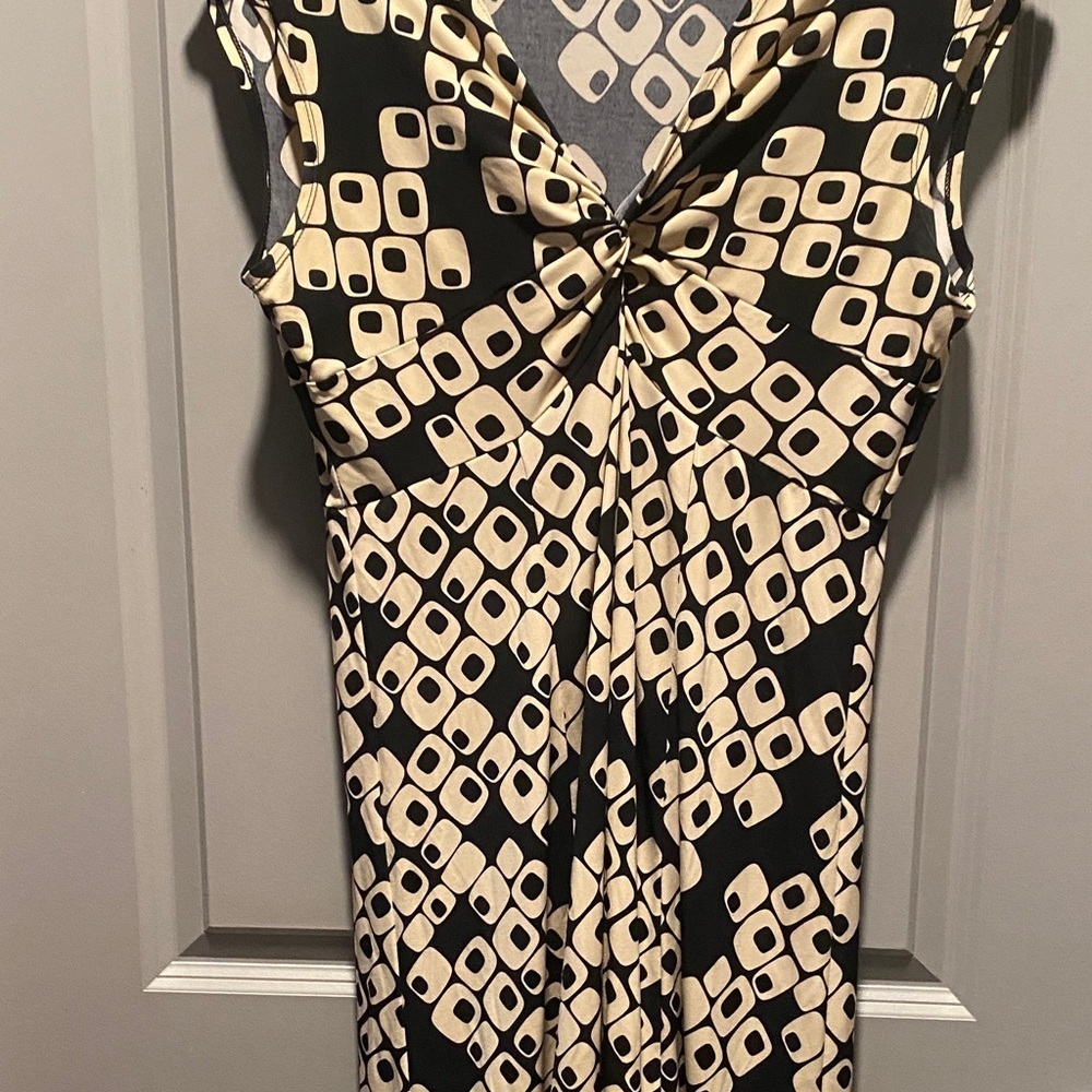 Liz Claiborne Geometric Twist Front Midi Dress 12 Black Cream Retro Print - Picture 5 of 8
